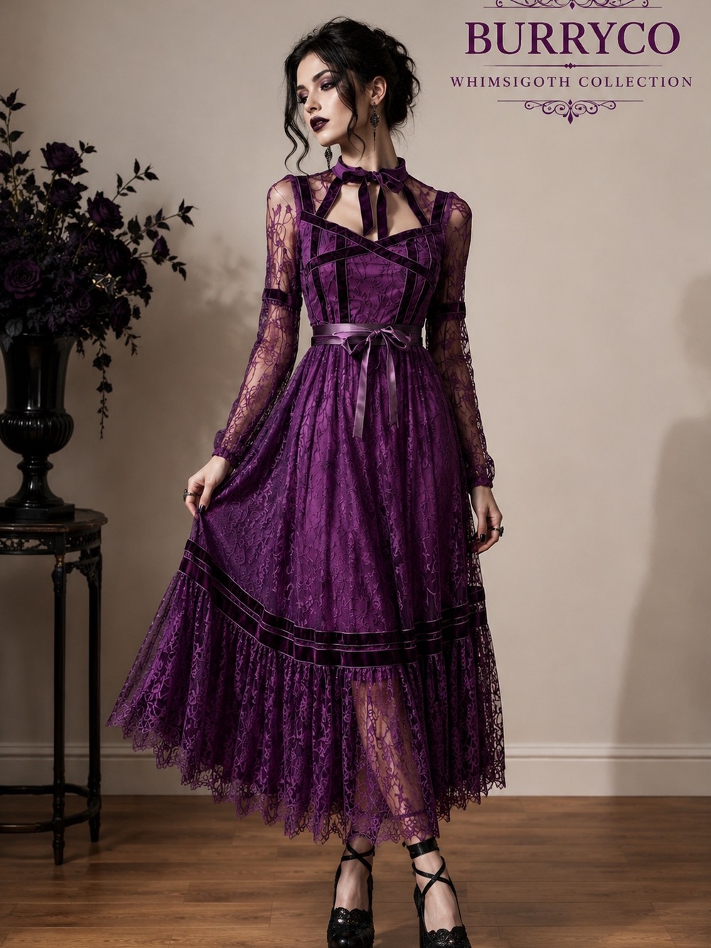 Burryco Romantic Lace Gothic Dress Purple Sheer Sleeve Velvet Trim Belt,Size 6